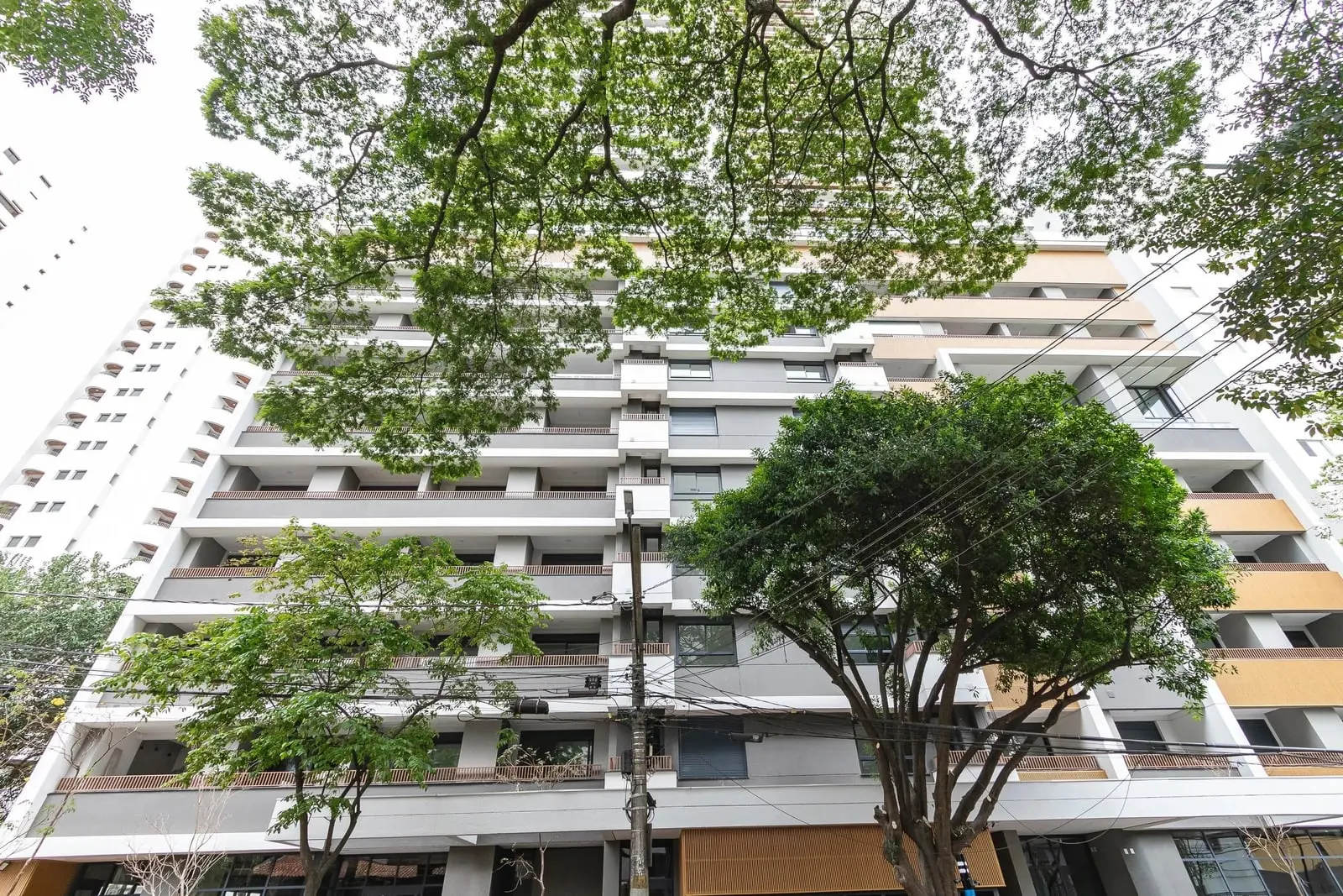 Prédio do Haus Mitre Campo Belo visto da calçada, entre as árvores da Rua João de Sousa Dias